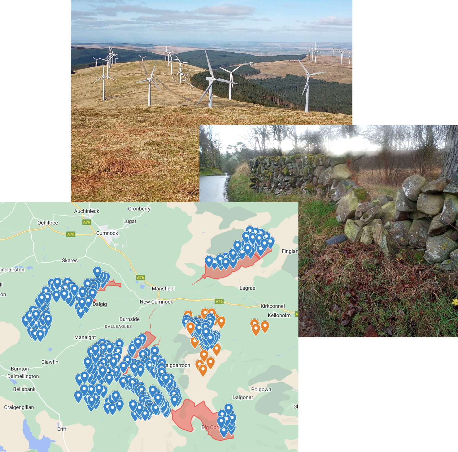 Image showing map of windmills, windmills on hills and damaged wall